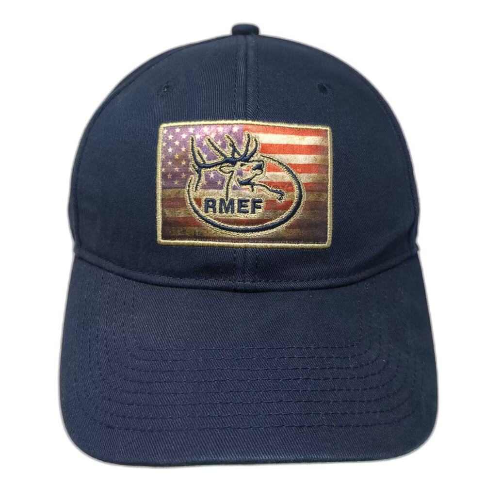 RMEF Blue Gold Baseball Cap OS USA Flag Elk Embroidered Strapback Hat Cotton